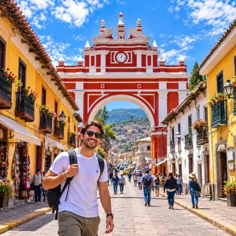 Turista en arco de triunfo en Ayacucho